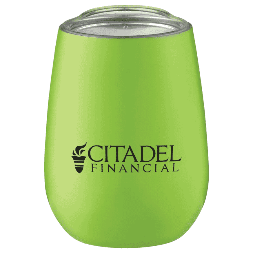 Lime green tumbler shaped like a stemless wine glass, with a black logo and clear plastic lid