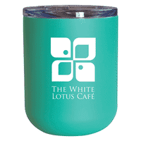 Mint blue tumbler with white logo and clear plastic lid