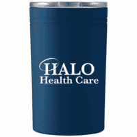 Deep blue tumbler with white logo and clear plastic lid