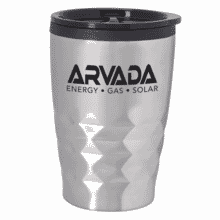 Stainless steel tumbler with black logo and black plastic lid