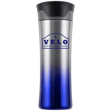 Blue and silver ombre stainless steel tumbler with blue logo and black and gray plastic lid