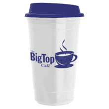 White plastic coffee to-go cup with dark blue logo and lid