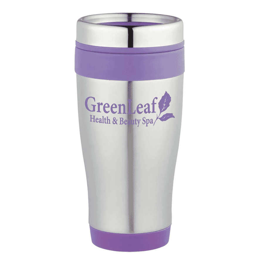 Stainless steel tumbler with purple logo, base and top band