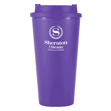 Matte purple plastic tumbler with matching lid and white logo