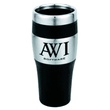 Black tumbler with stainless steel grip and rim imprinted with a black logo