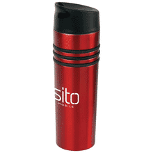 Red stainless steel tumbler with white logo, three black stripes and black lid