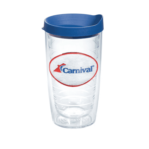 Clear plastic tumbler with blue plastic lid and a red, white and blue embroidered logo