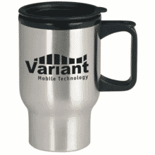 Silver stainless steel travel mug with black logo, lid and handle