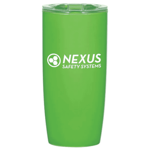 right green acrylic tumbler with white logo and a clear and green plastic lid