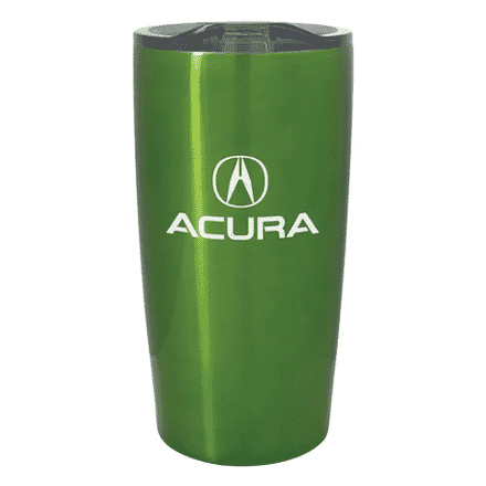 Green stainless steel tumbler with white logo and clear plastic lid