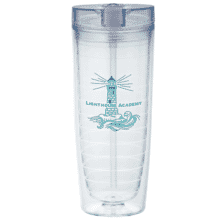 Clear acrylic tumbler with blue logo and straw