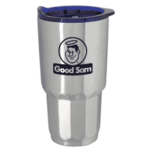 Stainless steel tumbler with black logo and translucent blue plastic lid