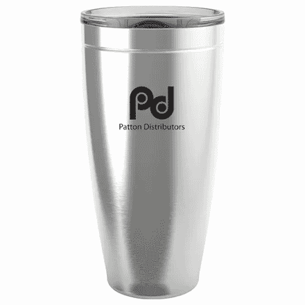 Silver stainless steel tumbler with black logo and clear plastic lid