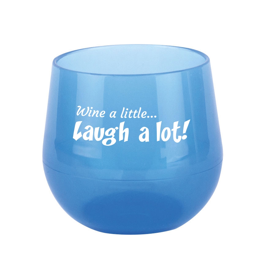 Dark blue travel mug with funny coffee saying