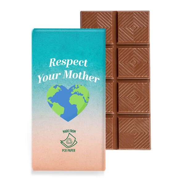 chocolate bar with custom recycled paper wrapper