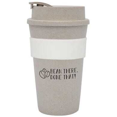 Reusable coffee cup with fun quote
