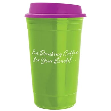 Insulated travel coffee cup with coffee quote