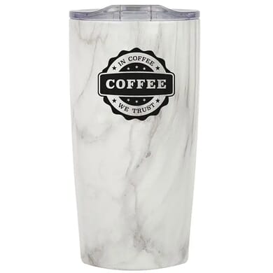 Marble travel mug with coffee saying