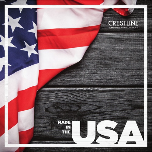 Cover of Crestline's Made in the USA catalog, depicting an American flag in front of a gray wood background