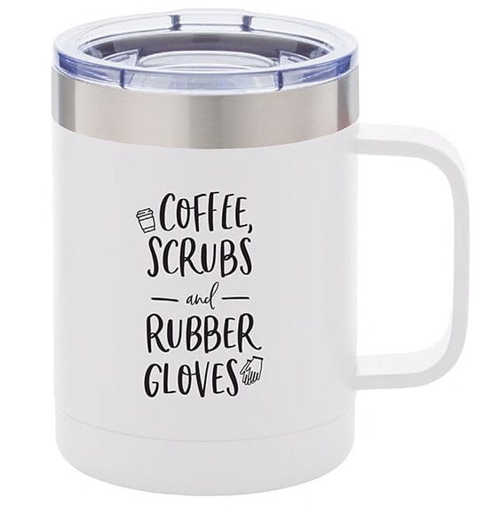 Insulated travel coffee mug with nurse appreciation saying