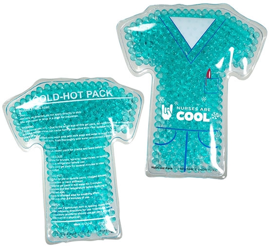 scrubs shaped hot cold pack with nurse appreciation logo