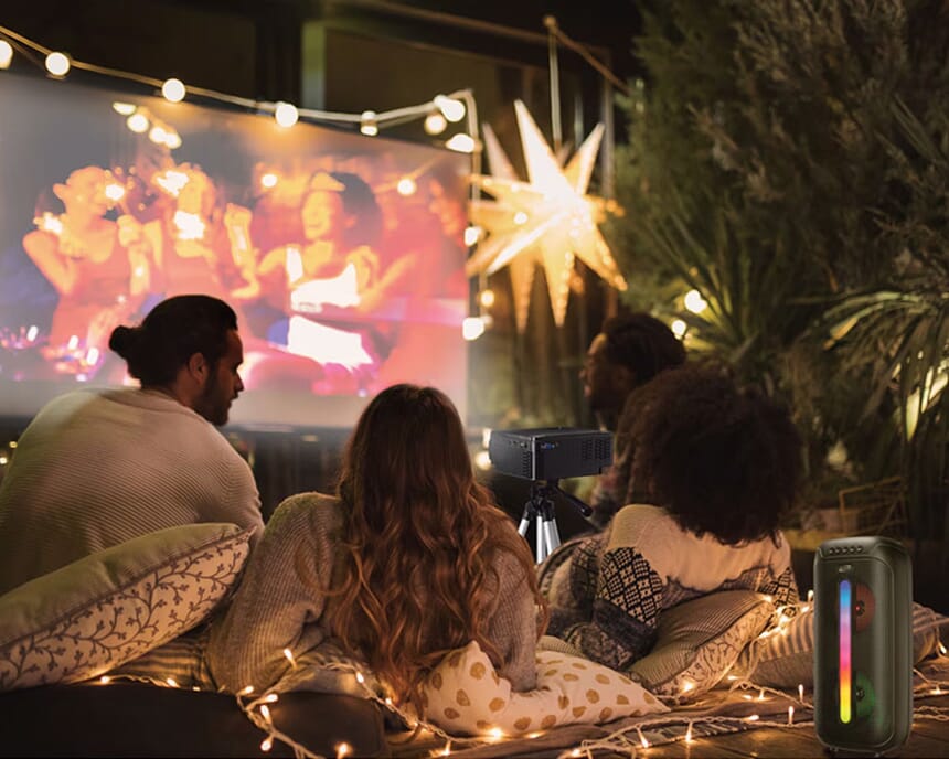 Home theater kit with projector, screen, speaker, and remote