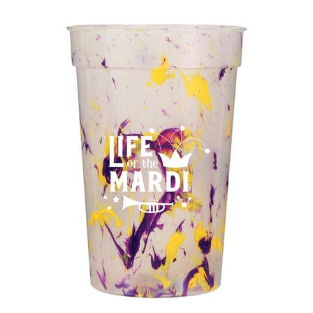 yellow and purple speckled cup with mardi gras logo