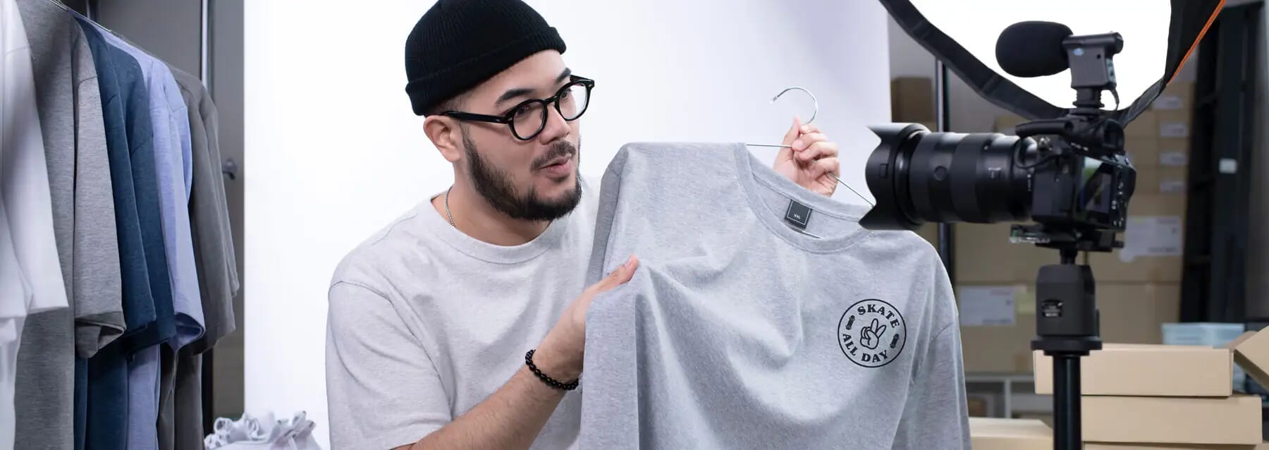 content creator showing off their high quality customized merch