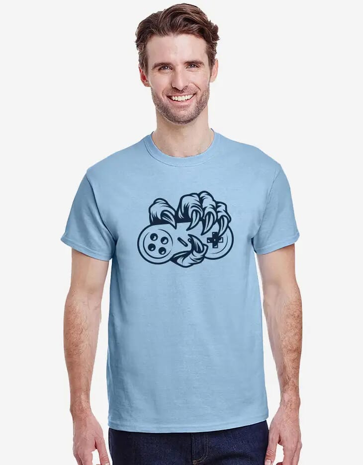 light blue gildan t-shirt with content creator logo