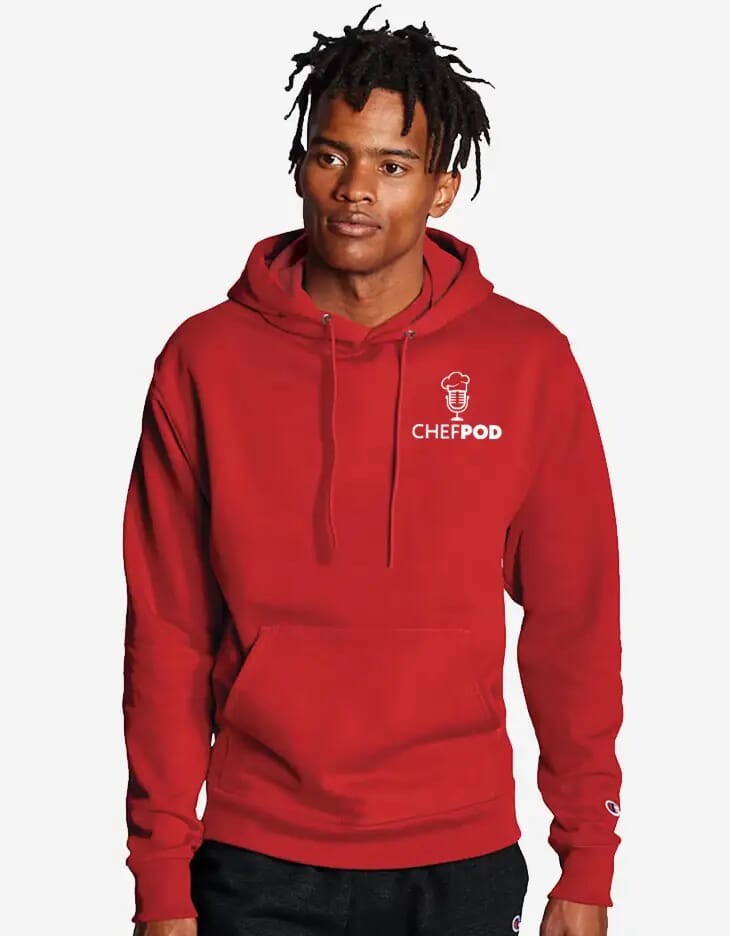 red champion sweatshirt with content creator logo