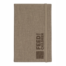 Dark blue denim notebook with brown trim and a blue and yellow logo