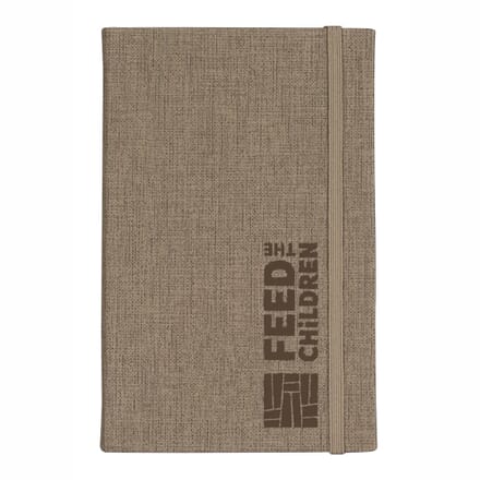 Dark blue denim notebook with brown trim and a blue and yellow logo