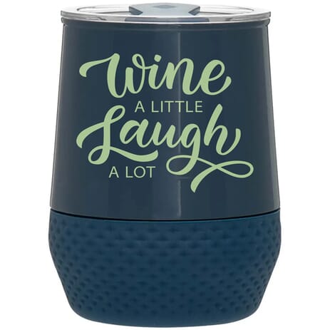 Dark blue travel mug with funny coffee saying