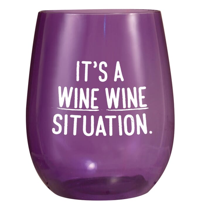 Purple plastic stemless wine cup with wine saying