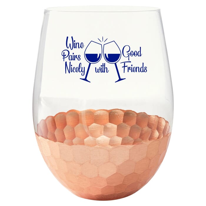 Copper dipped stemless wine glass with fun wine quote