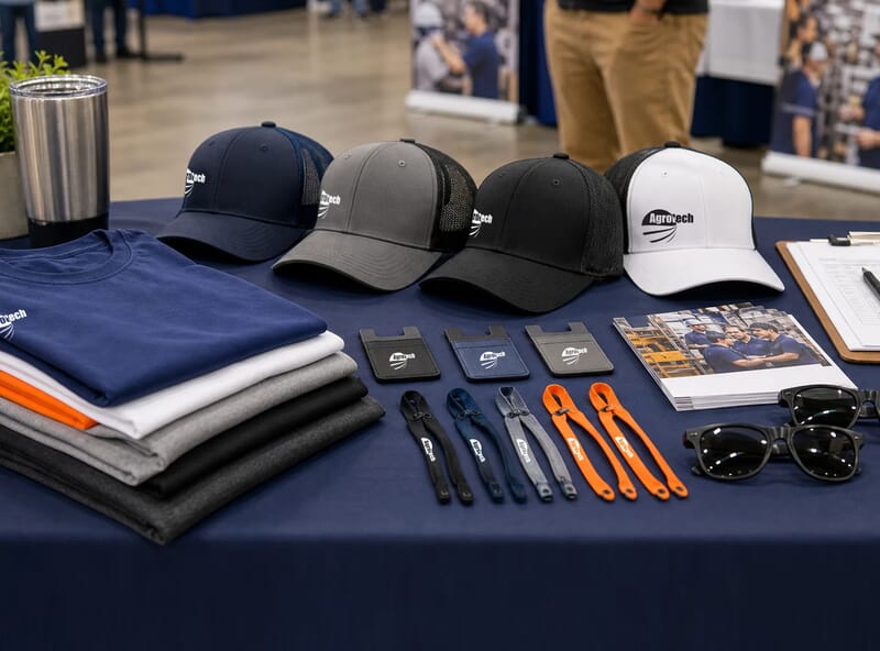 manufacturing hiring event table with affordable apparel, caps, eyewear retainers, and recruiter materials