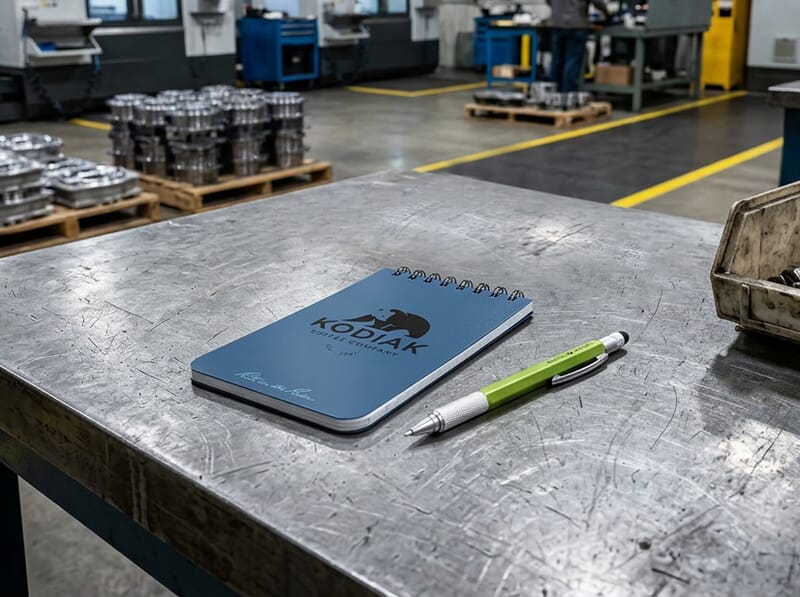 manufacturing table with pen and notepad
