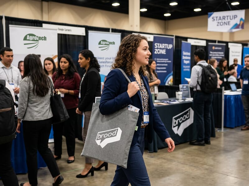 manufacturing hiring event with woman carrying a branded tote