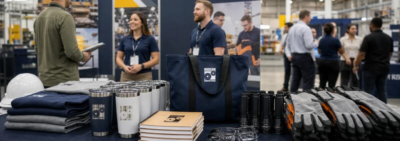 manufacturing hiring event booth with practical branded-style swag including apparel, drinkware, totes, notebooks, lights, and safety gear