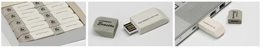 Three images portraying white and grey eraser-shaped USB sticks printed with: Alzheimer's erasers. Your memories. Save them