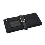 Black zippered dopp kit with brown leather patch with embossed logo