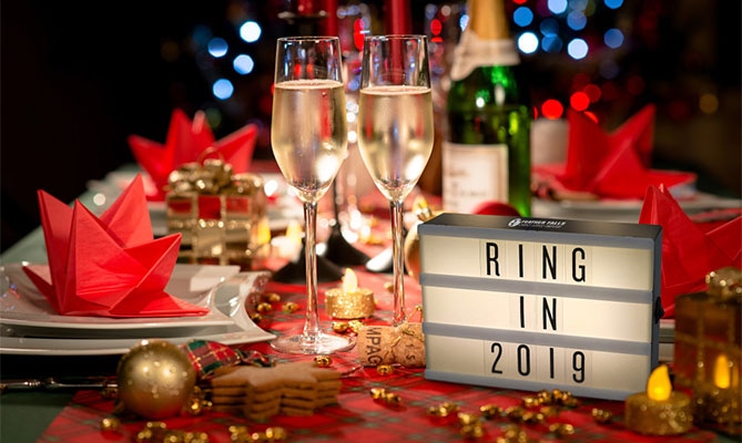 New Years Eve celebration with light up letter board