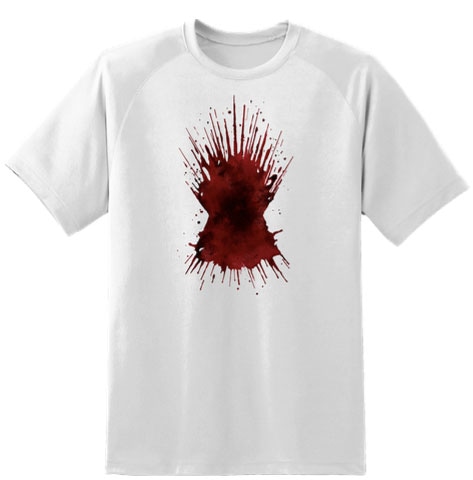 White t-shirt with graphic of red bloodstain shaped like the Iron Throne from Game of Thrones