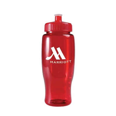 Red translucent reusable plastic water bottle with white logo