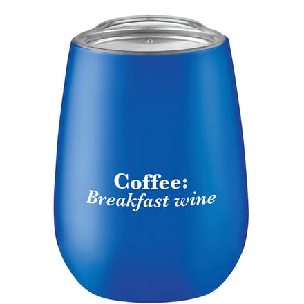 Blue coffee cup with clear lid and funny coffee saying