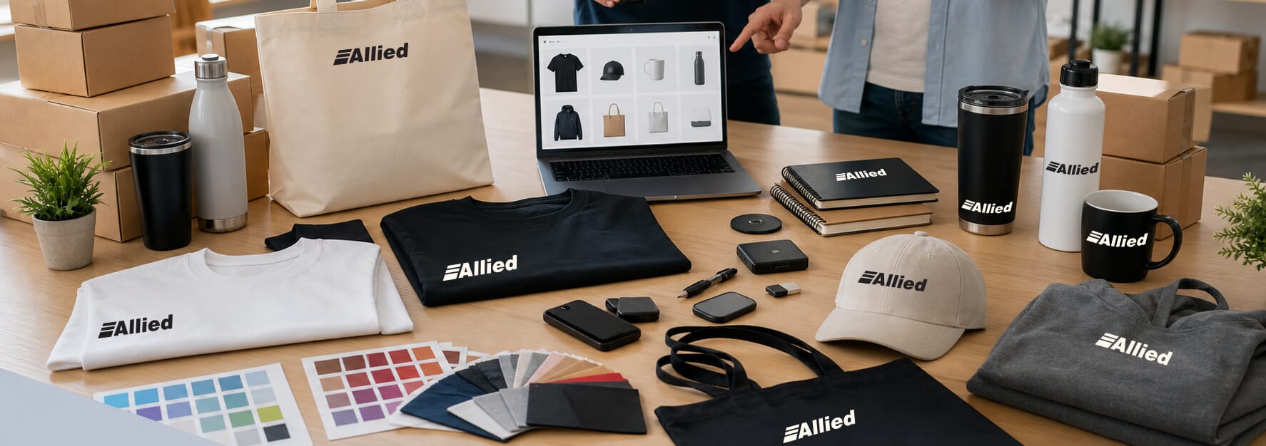 custom branded merchandise planning table with apparel, drinkware, bags, and tech accessories