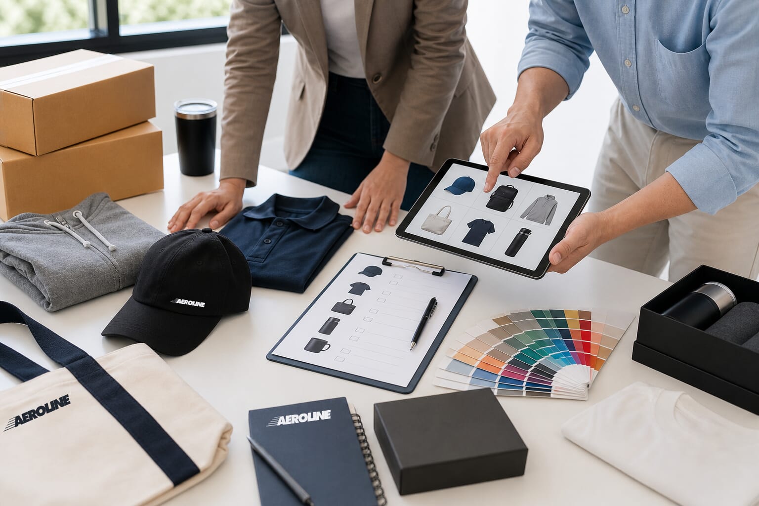 custom merchandise specialist helping choose branded apparel, bags, and drinkware