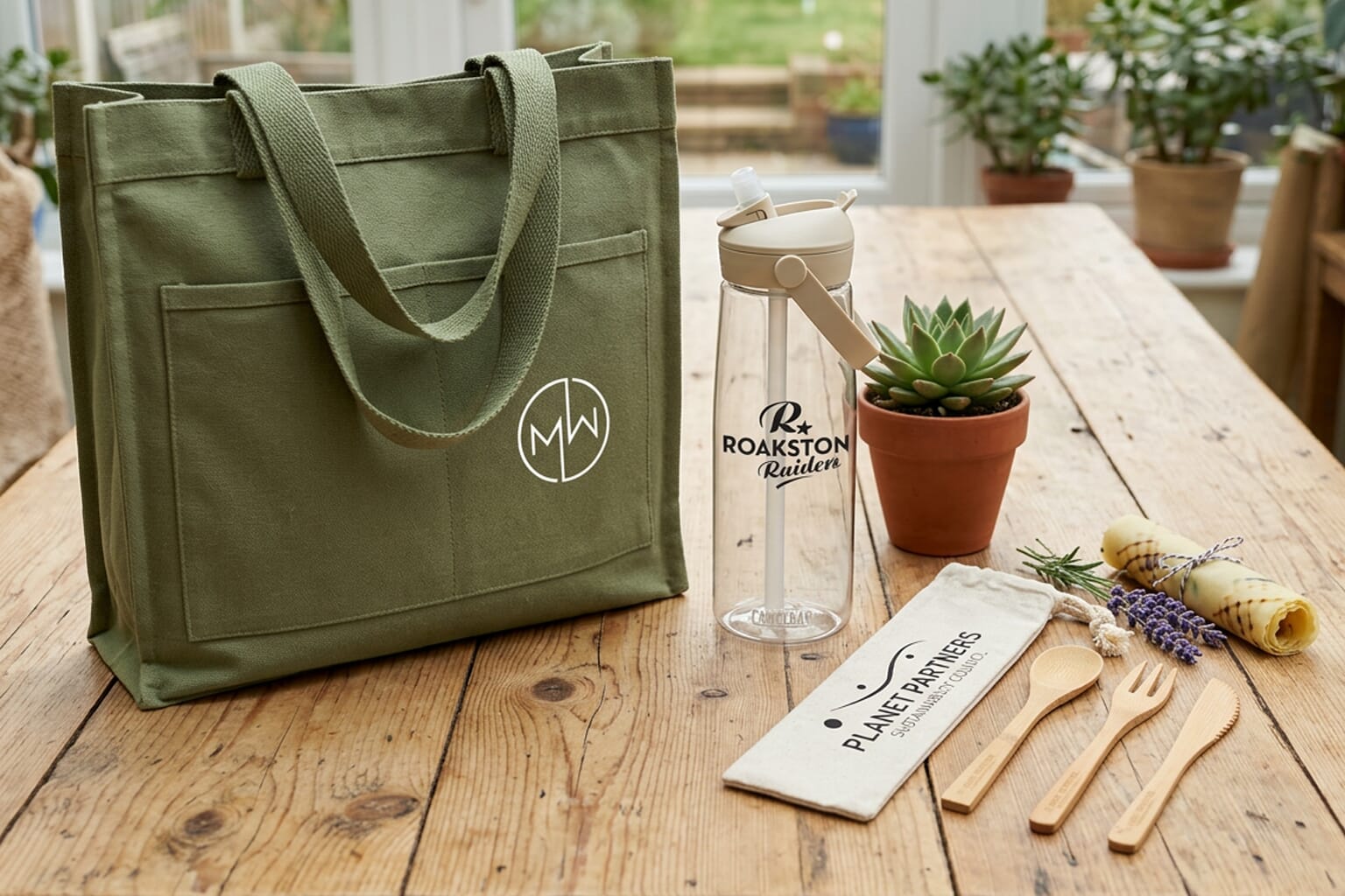 eco-friendly branded merchandise with reusable bags, bottles, notebooks, and bamboo utensils