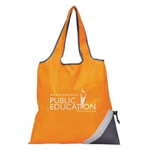 Orange shopping tote that folds up into built-in pocket