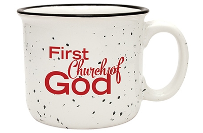 White and black camp mug with church logo